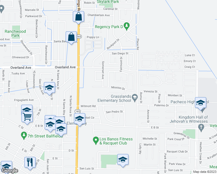 map of restaurants, bars, coffee shops, grocery stores, and more near 1415 Mission Drive in Los Banos