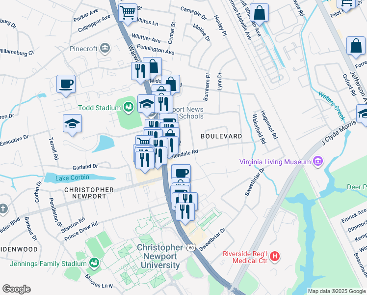 map of restaurants, bars, coffee shops, grocery stores, and more near 4 Gay Drive in Newport News