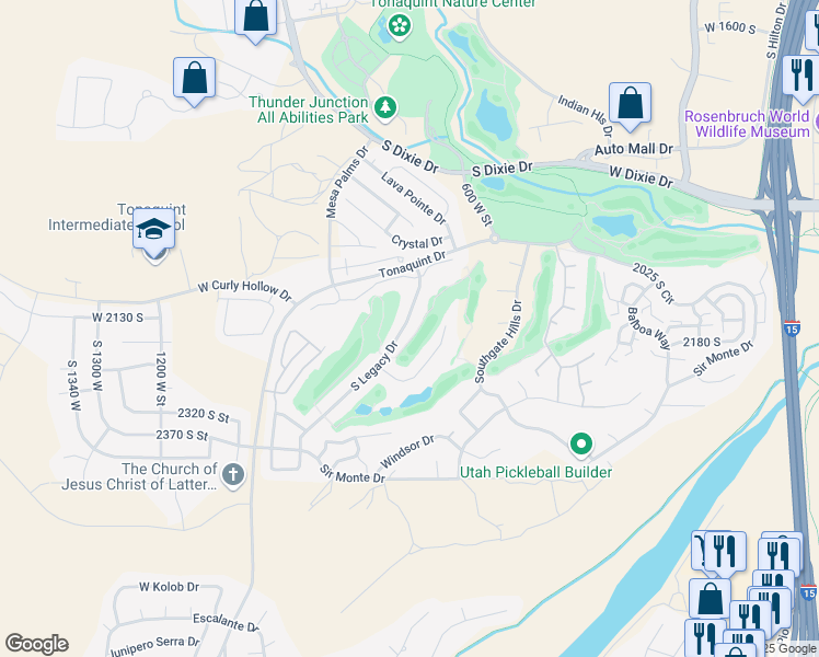 map of restaurants, bars, coffee shops, grocery stores, and more near 2145 South Legacy Drive in St. George