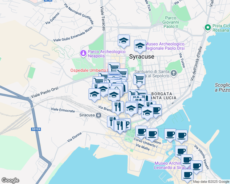 map of restaurants, bars, coffee shops, grocery stores, and more near in Siracusa