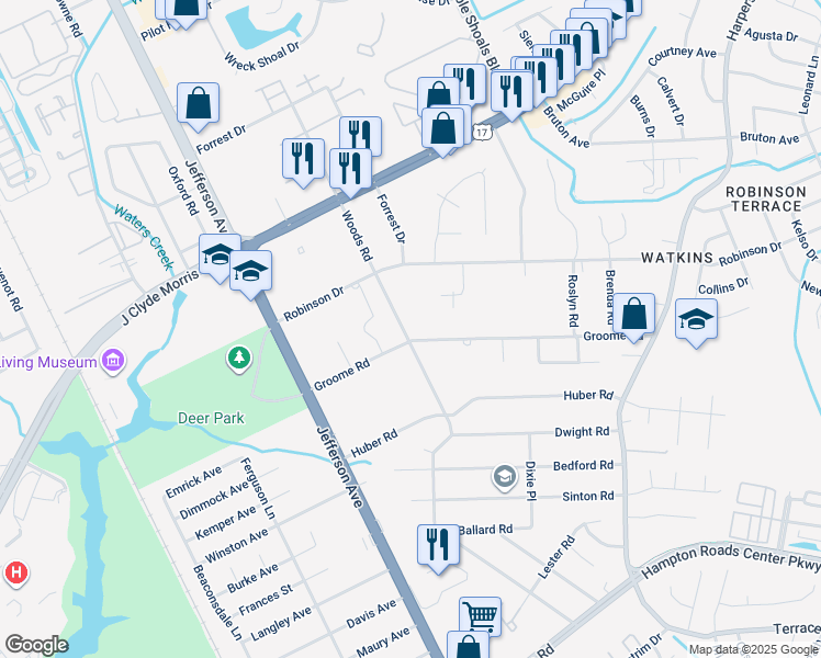 map of restaurants, bars, coffee shops, grocery stores, and more near 25 Groome Road in Newport News