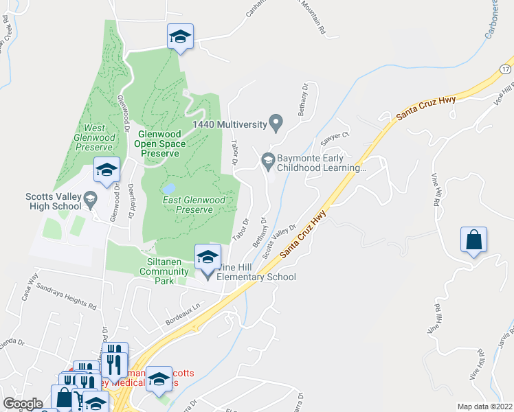 map of restaurants, bars, coffee shops, grocery stores, and more near 415 Tabor Drive in Scotts Valley