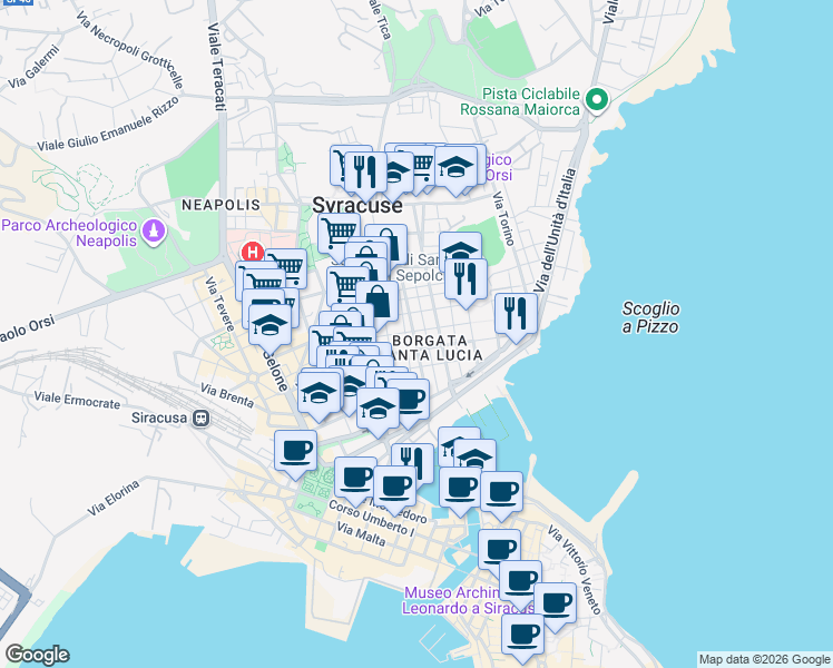 map of restaurants, bars, coffee shops, grocery stores, and more near 55 Via Trapani in Syracuse