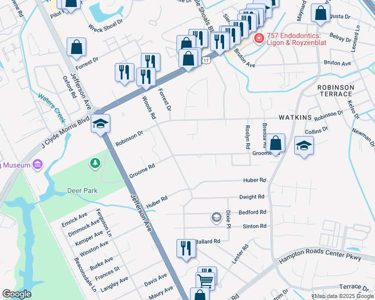 map of restaurants, bars, coffee shops, grocery stores, and more near 37 Groome Road in Newport News