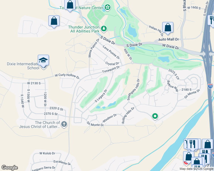 map of restaurants, bars, coffee shops, grocery stores, and more near 2163 South Legacy Drive in St. George