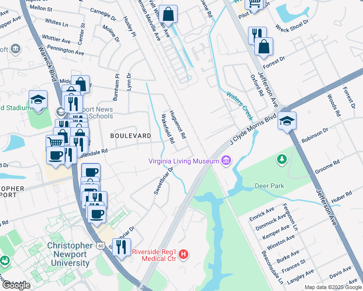map of restaurants, bars, coffee shops, grocery stores, and more near 11 Marilea Cir in Newport News