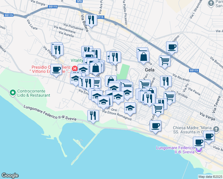map of restaurants, bars, coffee shops, grocery stores, and more near 49 Via Palazzi in Gela