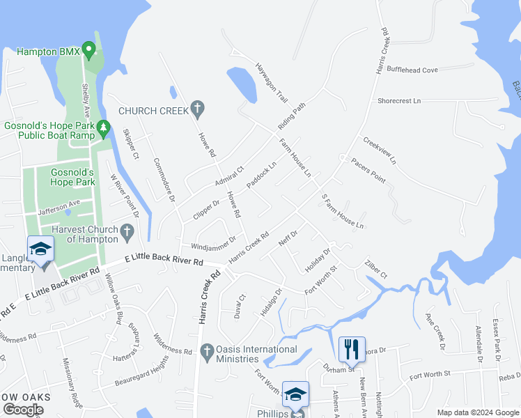 map of restaurants, bars, coffee shops, grocery stores, and more near 20 Hunter Trce in Hampton