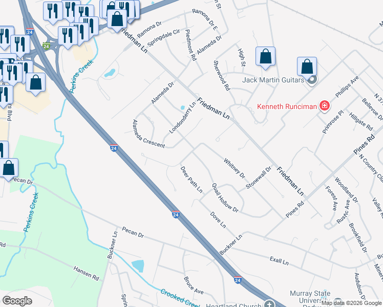 map of restaurants, bars, coffee shops, grocery stores, and more near 4698 Quail Hollow Dr in Paducah