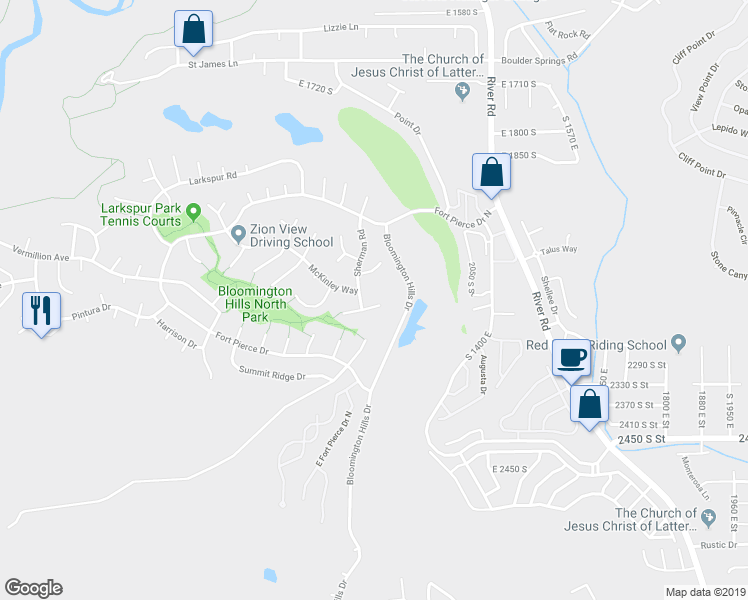 map of restaurants, bars, coffee shops, grocery stores, and more near 1151 Sherman Circle in Saint George
