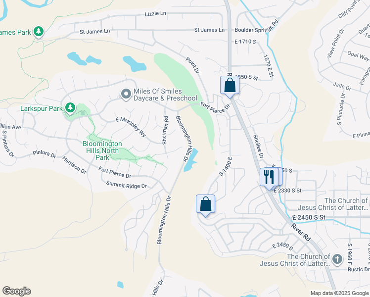 map of restaurants, bars, coffee shops, grocery stores, and more near 1185 Sherman Circle in St. George