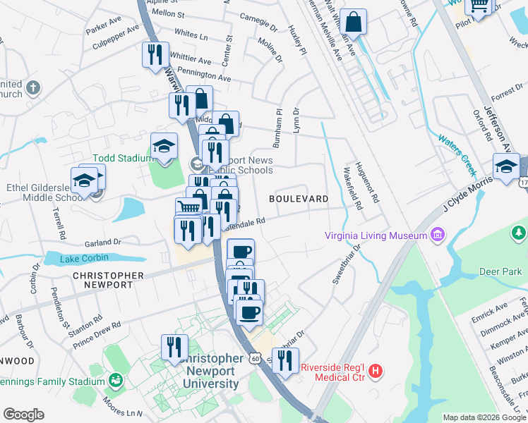 map of restaurants, bars, coffee shops, grocery stores, and more near 28 Glendale Road in Newport News