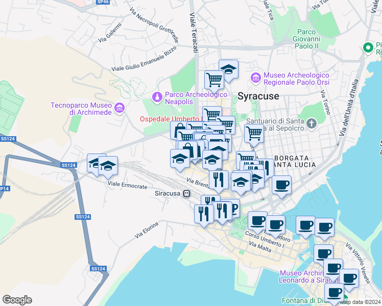map of restaurants, bars, coffee shops, grocery stores, and more near 6 Via Sele in Siracusa