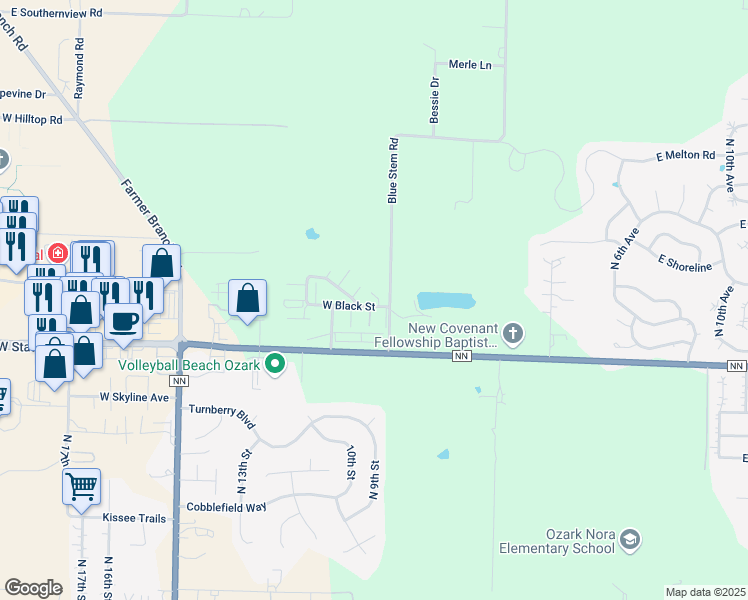 map of restaurants, bars, coffee shops, grocery stores, and more near 5551-5593 North Gold Lane in Ozark