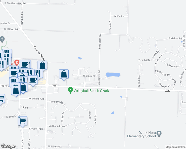 map of restaurants, bars, coffee shops, grocery stores, and more near 935 West Black Street in Ozark