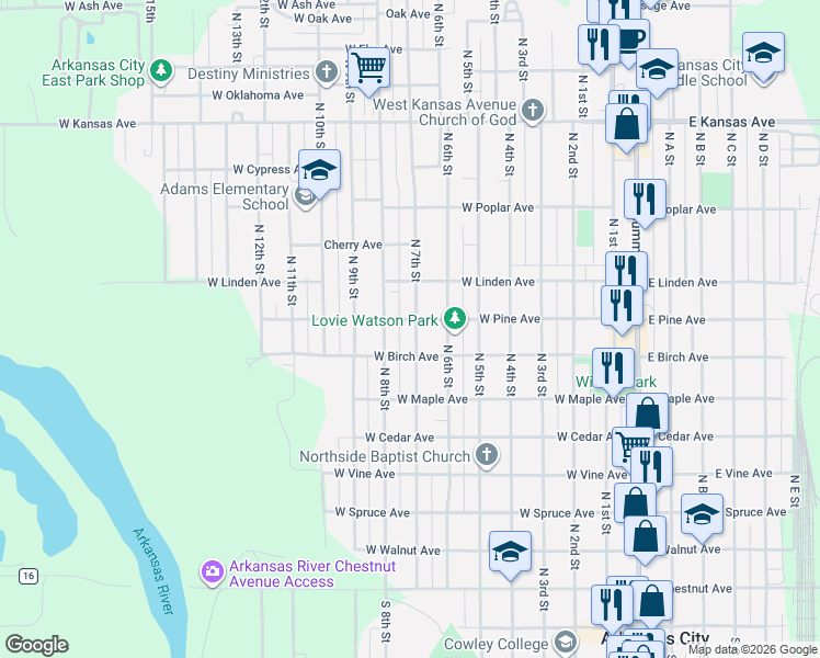 map of restaurants, bars, coffee shops, grocery stores, and more near 802 North 8th Street in Arkansas City