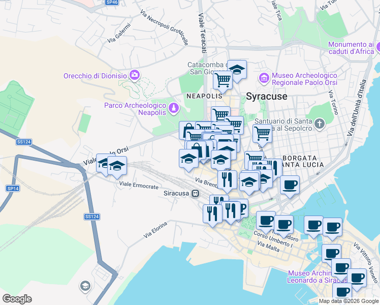map of restaurants, bars, coffee shops, grocery stores, and more near 6 Via Sele in Siracusa