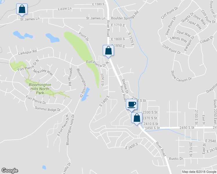 map of restaurants, bars, coffee shops, grocery stores, and more near 2156 South 1400 East in Saint George