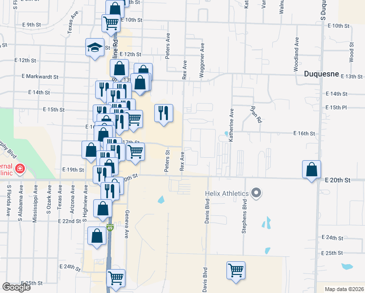 map of restaurants, bars, coffee shops, grocery stores, and more near 1811 Rex Avenue in Joplin