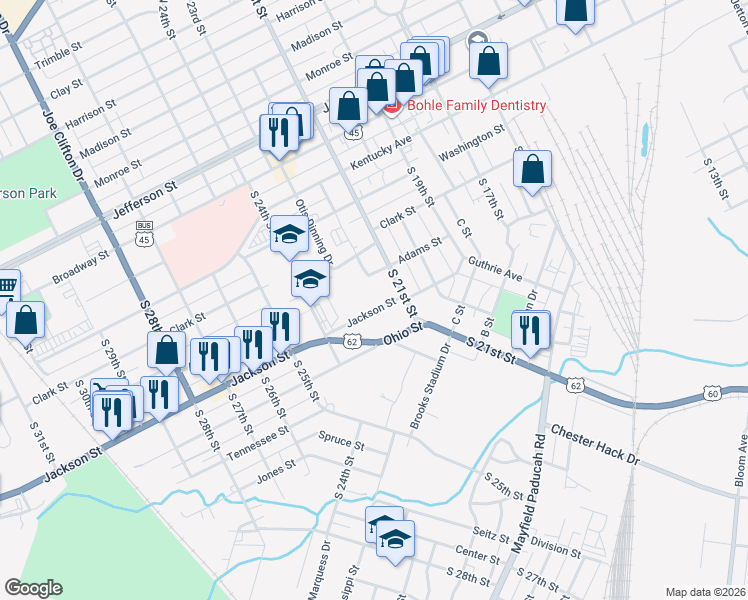 map of restaurants, bars, coffee shops, grocery stores, and more near 2118 Jackson Street in Paducah