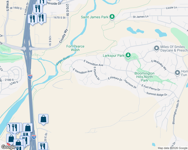 map of restaurants, bars, coffee shops, grocery stores, and more near 2268 South Pintura Drive in St. George