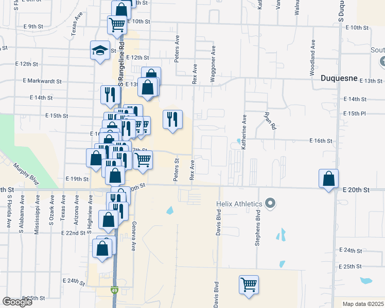 map of restaurants, bars, coffee shops, grocery stores, and more near 1805 Rex Avenue in Joplin