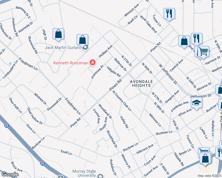 map of restaurants, bars, coffee shops, grocery stores, and more near 3999 Pines Rd in Paducah