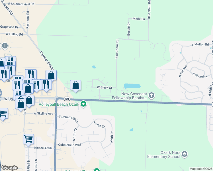map of restaurants, bars, coffee shops, grocery stores, and more near 935 West Black Street in Ozark