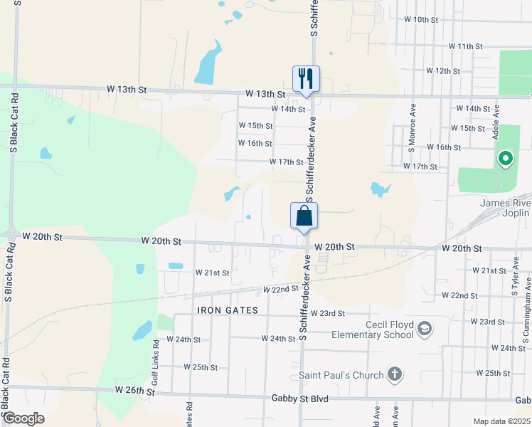 map of restaurants, bars, coffee shops, grocery stores, and more near 1924 South Cleveland Court in Joplin