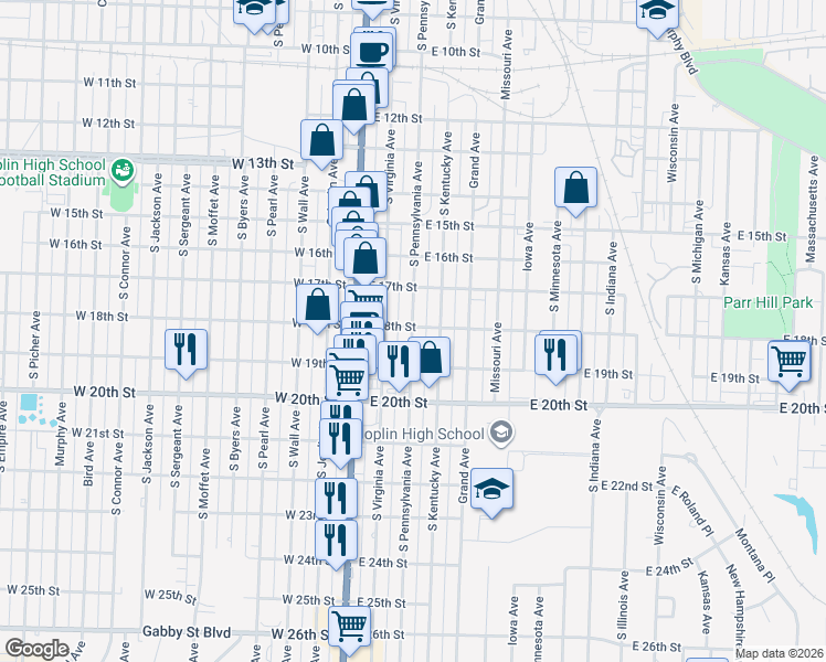 map of restaurants, bars, coffee shops, grocery stores, and more near 1826 South Pennsylvania Avenue in Joplin