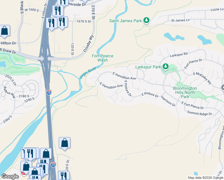 map of restaurants, bars, coffee shops, grocery stores, and more near 372 East Vermillion Avenue in St. George