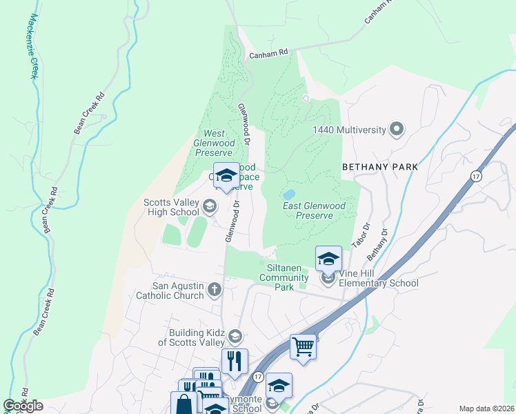 map of restaurants, bars, coffee shops, grocery stores, and more near 17 Deerfield Drive in Scotts Valley