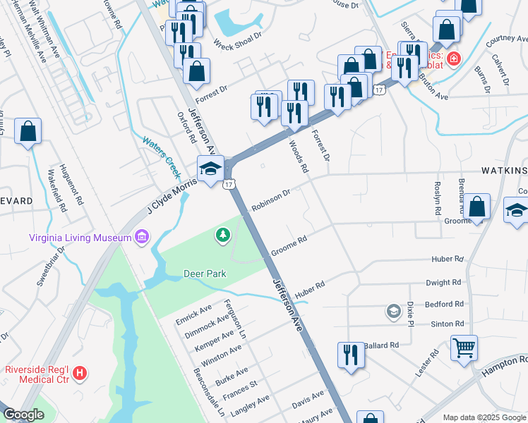 map of restaurants, bars, coffee shops, grocery stores, and more near 11526 Jefferson Avenue in Newport News