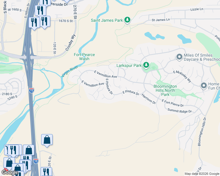 map of restaurants, bars, coffee shops, grocery stores, and more near 2287 Pintura Drive in St. George
