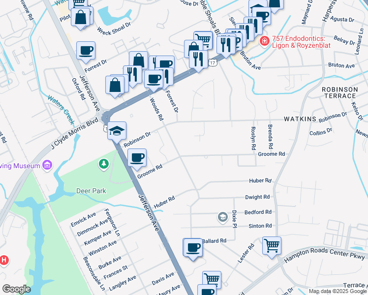 map of restaurants, bars, coffee shops, grocery stores, and more near 36 Groome Road in Newport News
