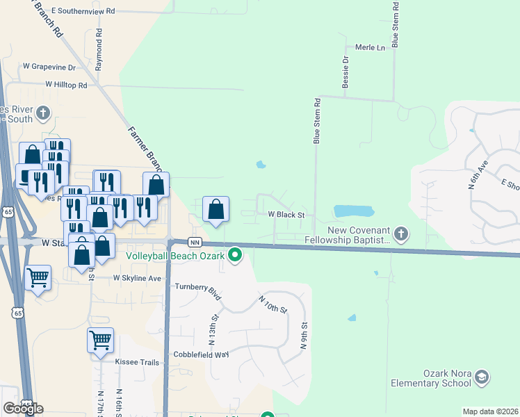 map of restaurants, bars, coffee shops, grocery stores, and more near 5552 North White Street in Ozark