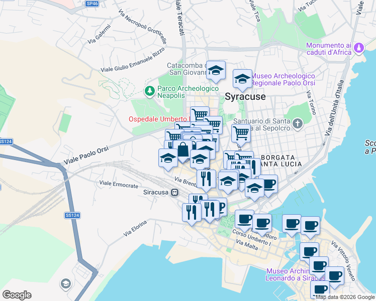 map of restaurants, bars, coffee shops, grocery stores, and more near 5a Via Tevere in Siracusa