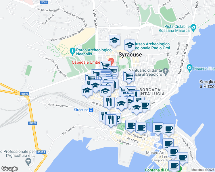 map of restaurants, bars, coffee shops, grocery stores, and more near 88 Corso Gelone in Siracusa