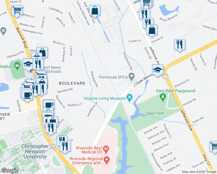map of restaurants, bars, coffee shops, grocery stores, and more near 38 Huguenot Road in Newport News
