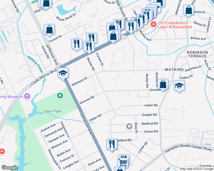 map of restaurants, bars, coffee shops, grocery stores, and more near 36 Groome Road in Newport News