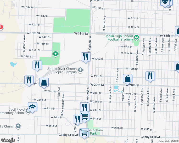 map of restaurants, bars, coffee shops, grocery stores, and more near 1698 W 19th St in Joplin