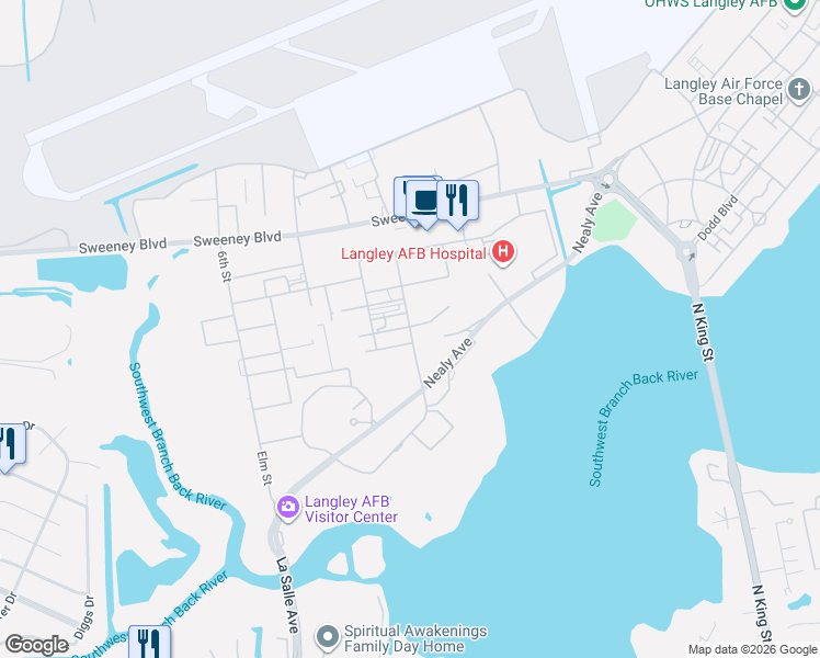 map of restaurants, bars, coffee shops, grocery stores, and more near 1st Street in Hampton