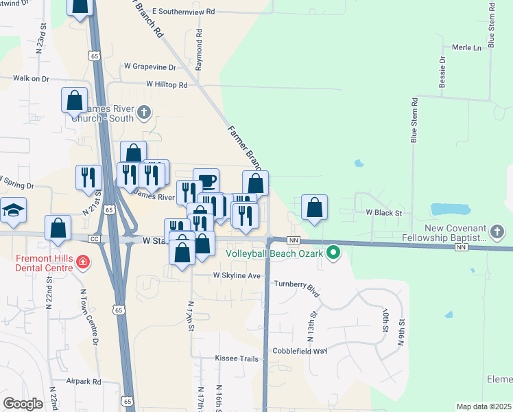 map of restaurants, bars, coffee shops, grocery stores, and more near 5517 North Farmer Branch Road in Ozark