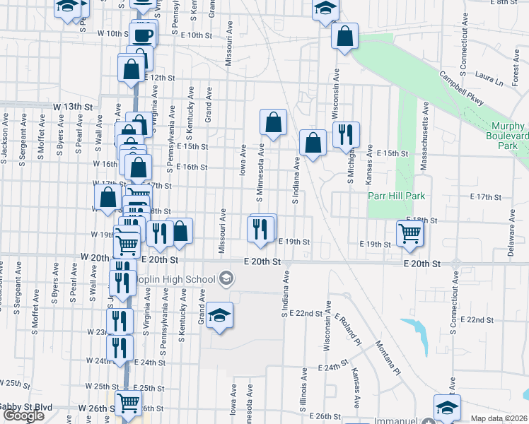 map of restaurants, bars, coffee shops, grocery stores, and more near 1709 South Minnesota Avenue in Joplin