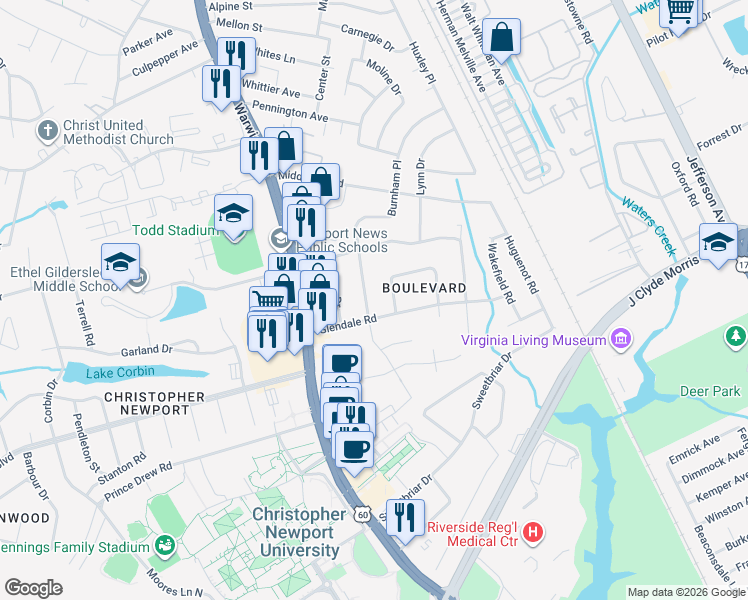 map of restaurants, bars, coffee shops, grocery stores, and more near 8 Carolyn Drive in Newport News
