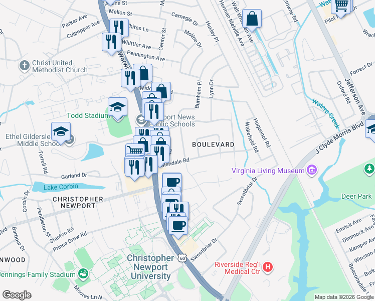 map of restaurants, bars, coffee shops, grocery stores, and more near 13 Burnham Place in Newport News