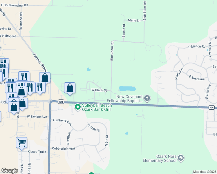 map of restaurants, bars, coffee shops, grocery stores, and more near 1101-1133 Blue Stem Road in Ozark