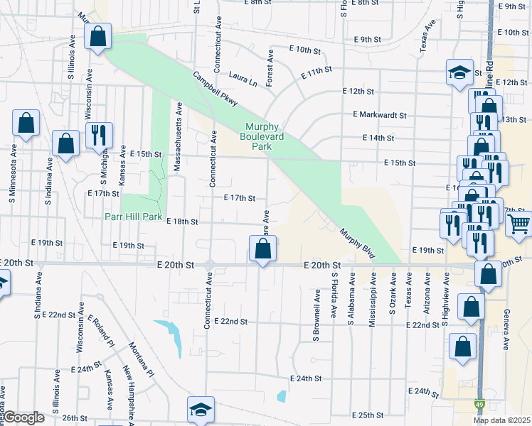 map of restaurants, bars, coffee shops, grocery stores, and more near 1630 Delaware Ave in Joplin
