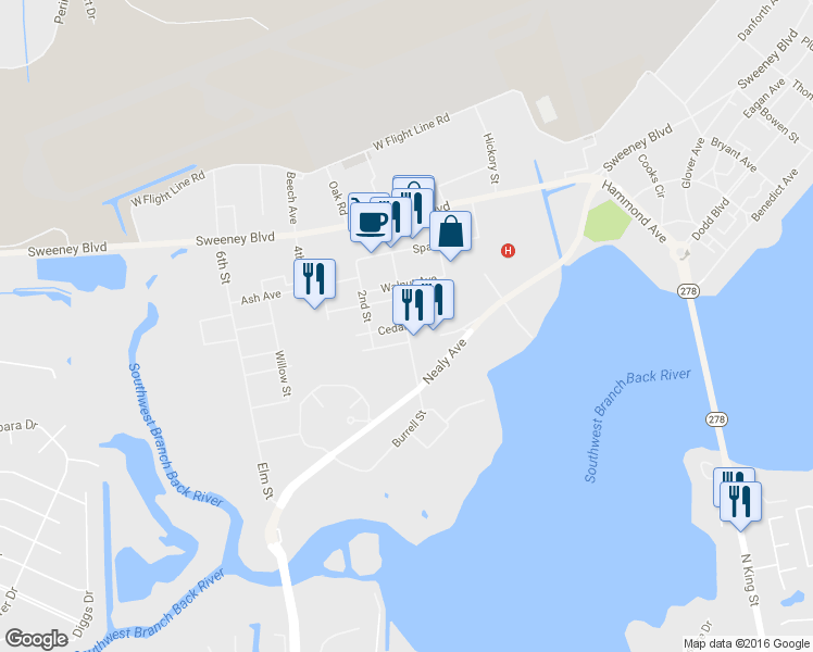 map of restaurants, bars, coffee shops, grocery stores, and more near 1st Street in Hampton