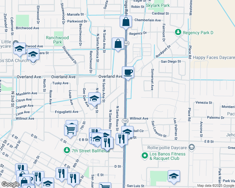 map of restaurants, bars, coffee shops, grocery stores, and more near 1254 Santa Cruz Way in Los Banos